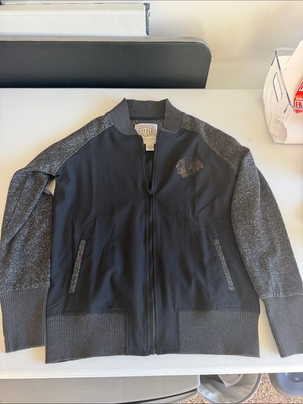 Women’s Chicago Blackhawks Black and Charcoal Bomber Jacket - Athletic Zip Front